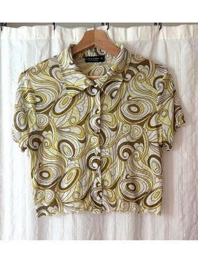 Retro Y2K Liz & Sara XL Yellow and Olive Green Swirl Pattern Button-Up Crop Top